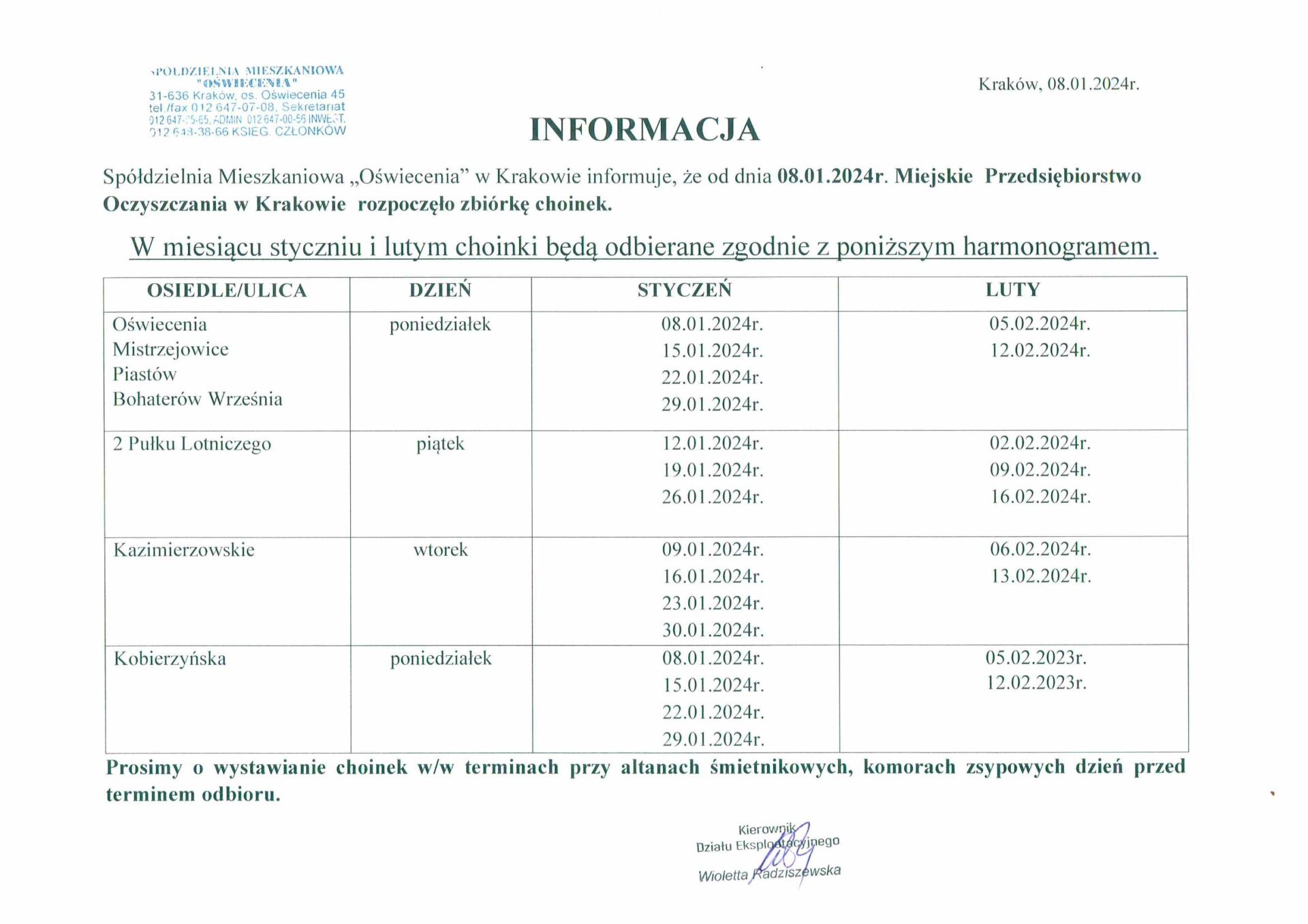 Harmonogram odbioru drzewek świątecznych w 2024 roku + "Akcja Choinka